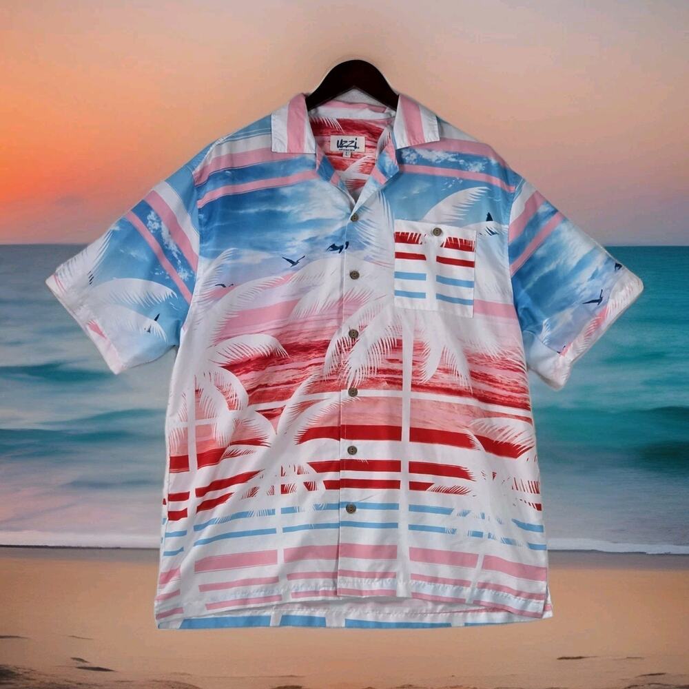 UZZI Amphibious Gear Men's Large Hawaiian Shirt ButtonUp Short Sleeve Palm Trees